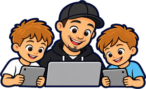 Illustration of Dad, in a black cap and sweatshirt with a laptop, between his two smiling boys holding tablets